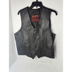 Hot Leathers Mens Black Leather Biker Motorcycle Vest Snap Front Size Large